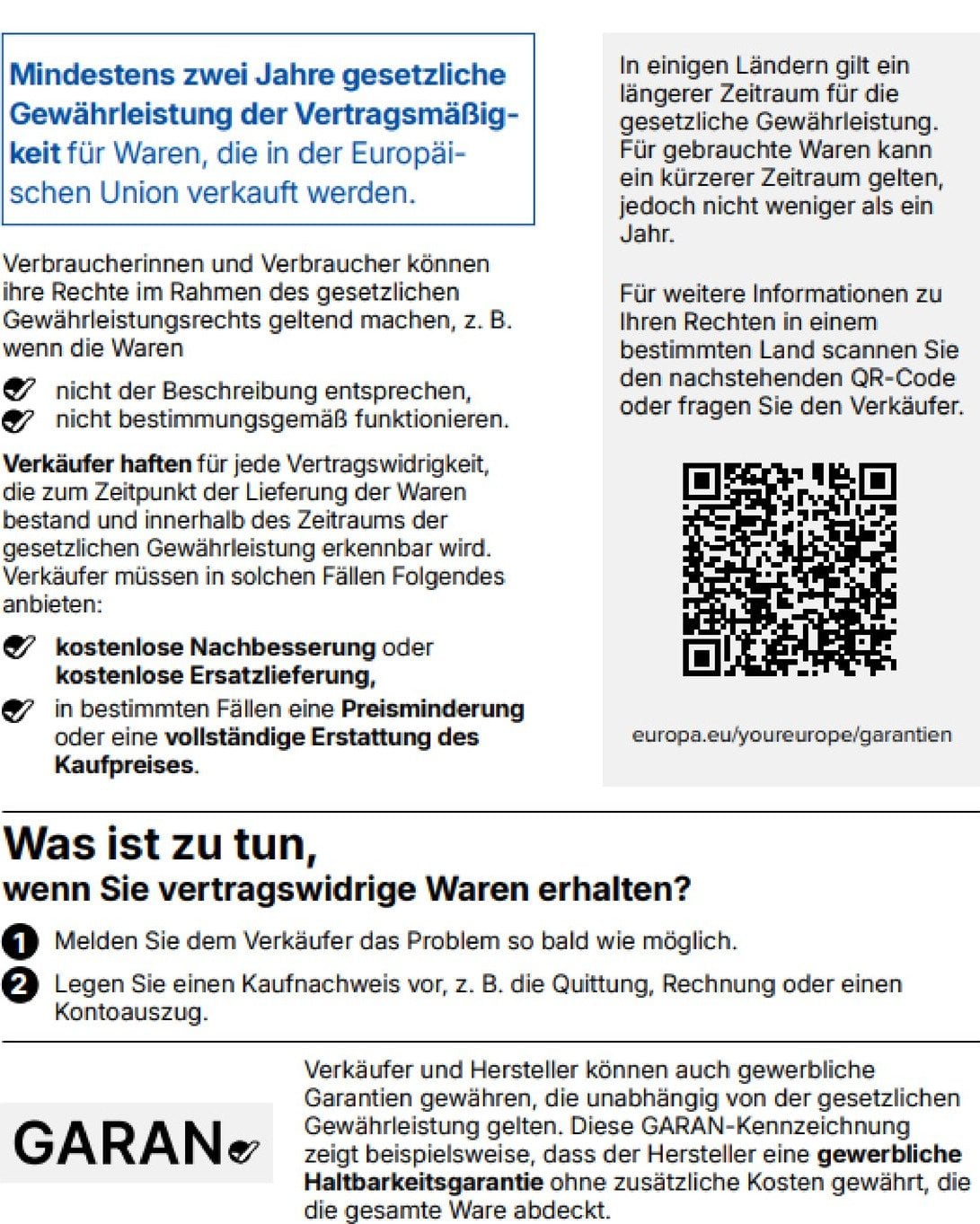 Gesetzliche Gewährleistung: Beim Kauf von Waren in der EU gilt ein gesetzliches Gewährleistungsrecht von mindestens zwei Jahren. Der QR-Code führt zu weiteren Informationen im Portal „Ihr Europa“.