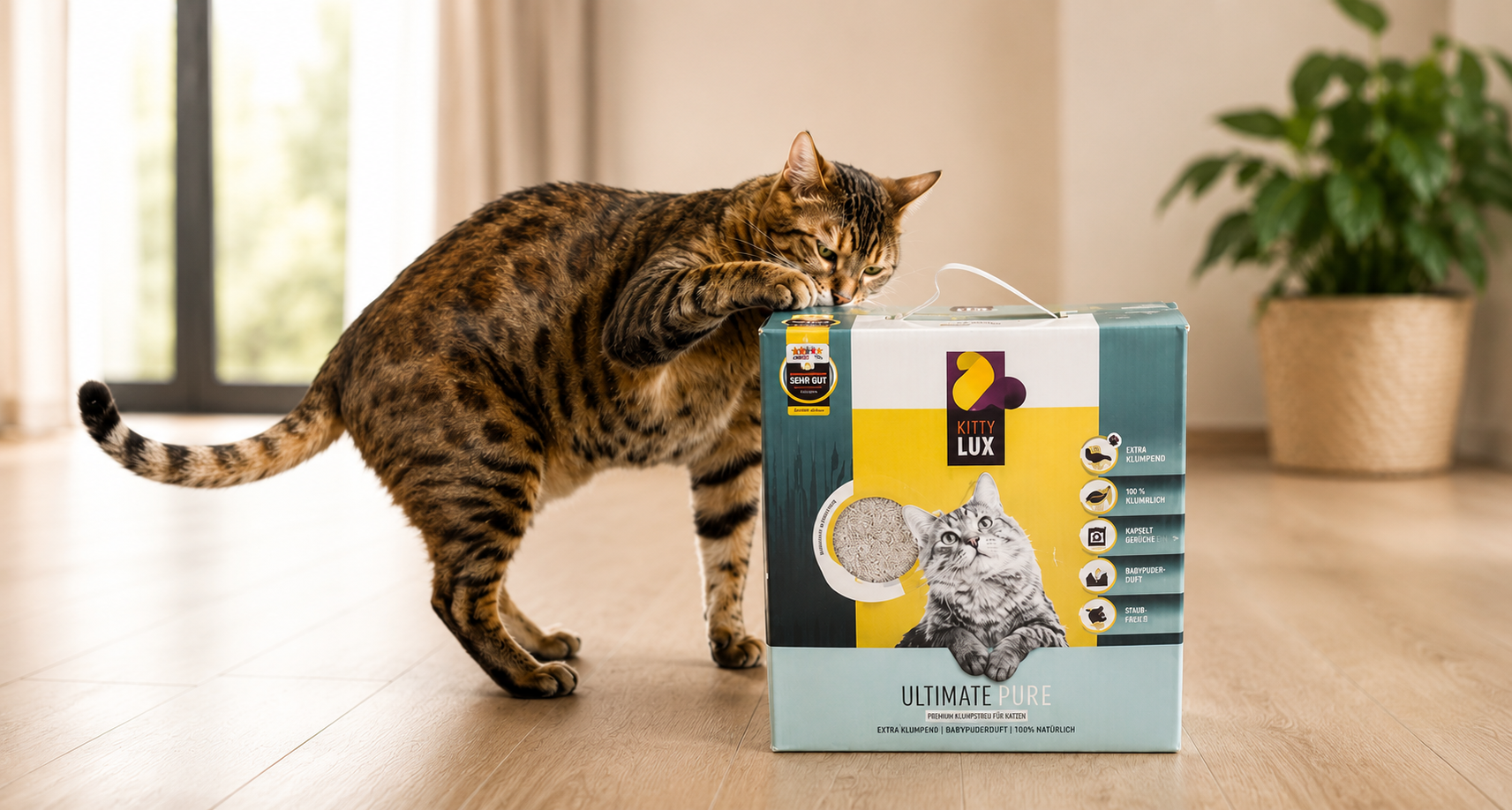 Katze neben KittyLux Katzenstreu Ultimate Verpackung
