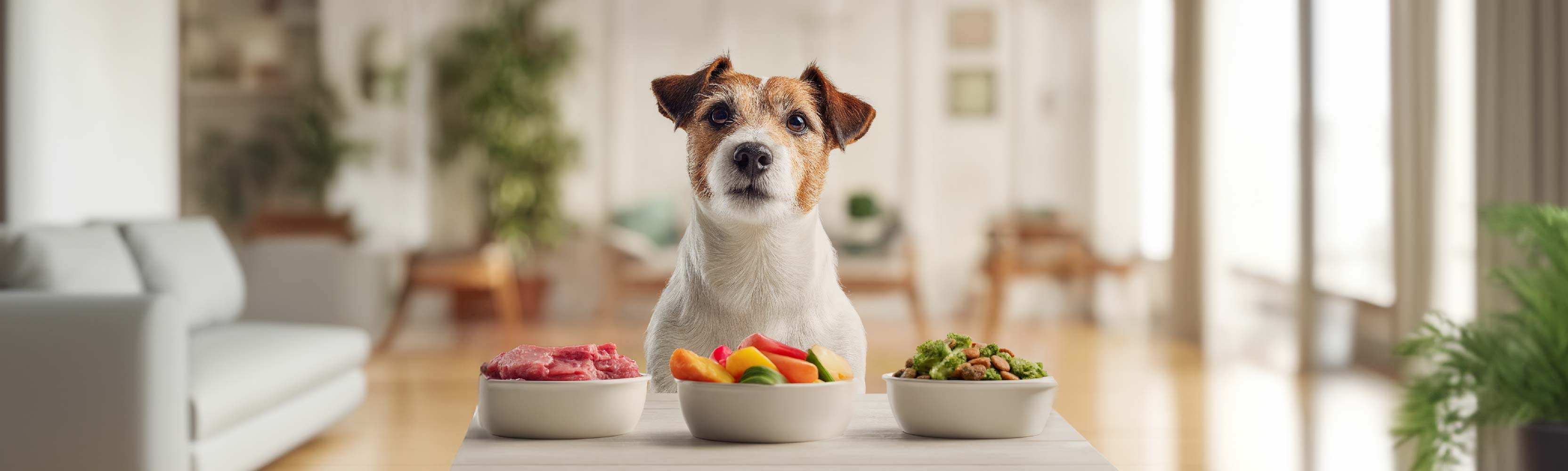 Hund vor drei Näpfen mit Fleisch, Gemüse und Trockenfutter
