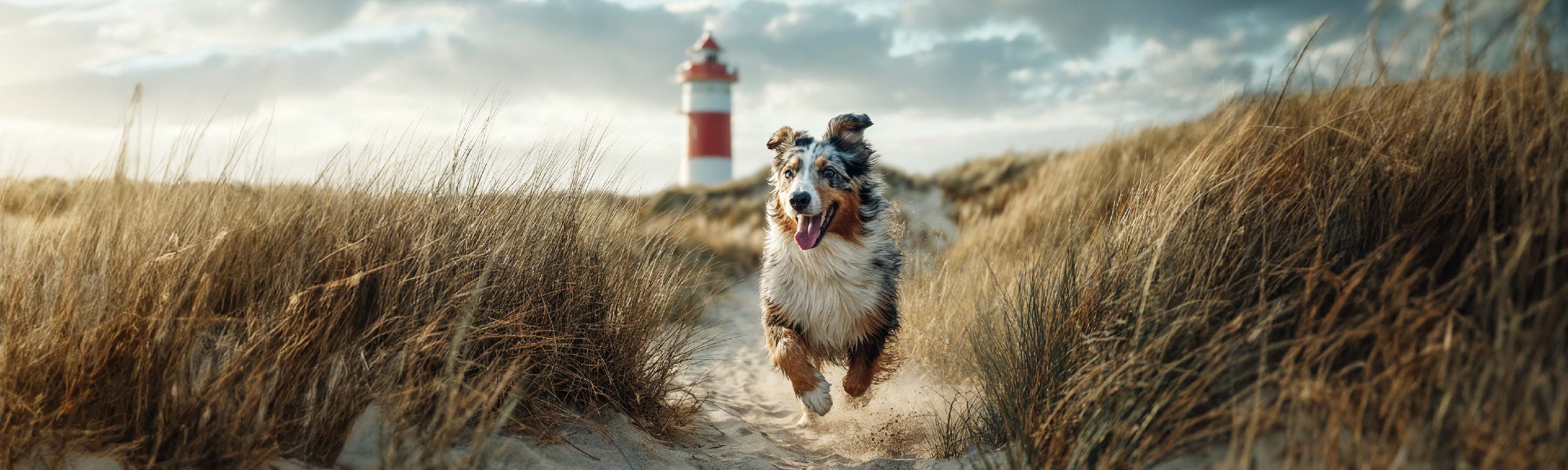Hund läuft durch Dünen am Meer